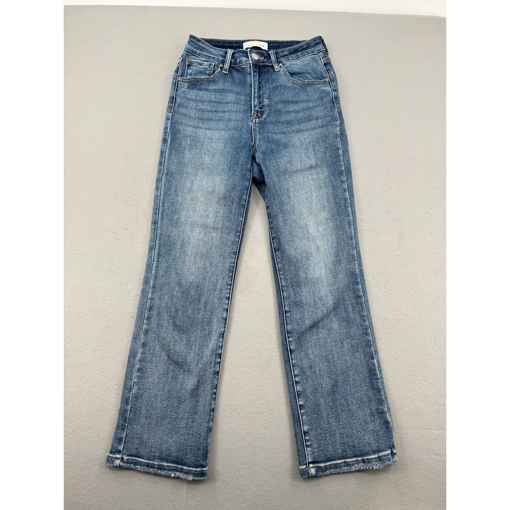 Risen High-Rise Crop Straight Leg Jeans‎ Womens 5/27 Raw Hem Medium Blue RDP5250
